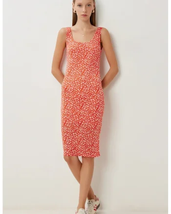 Rochie Midi, Happiness Istanbul, Imprimeu Floral, Portocalie, Tricot, Portocaliu