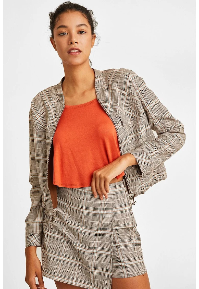 Jacheta cu model in carouri si fermoar, Maro taupe