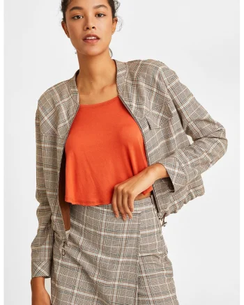 Jacheta cu model in carouri si fermoar, Maro taupe