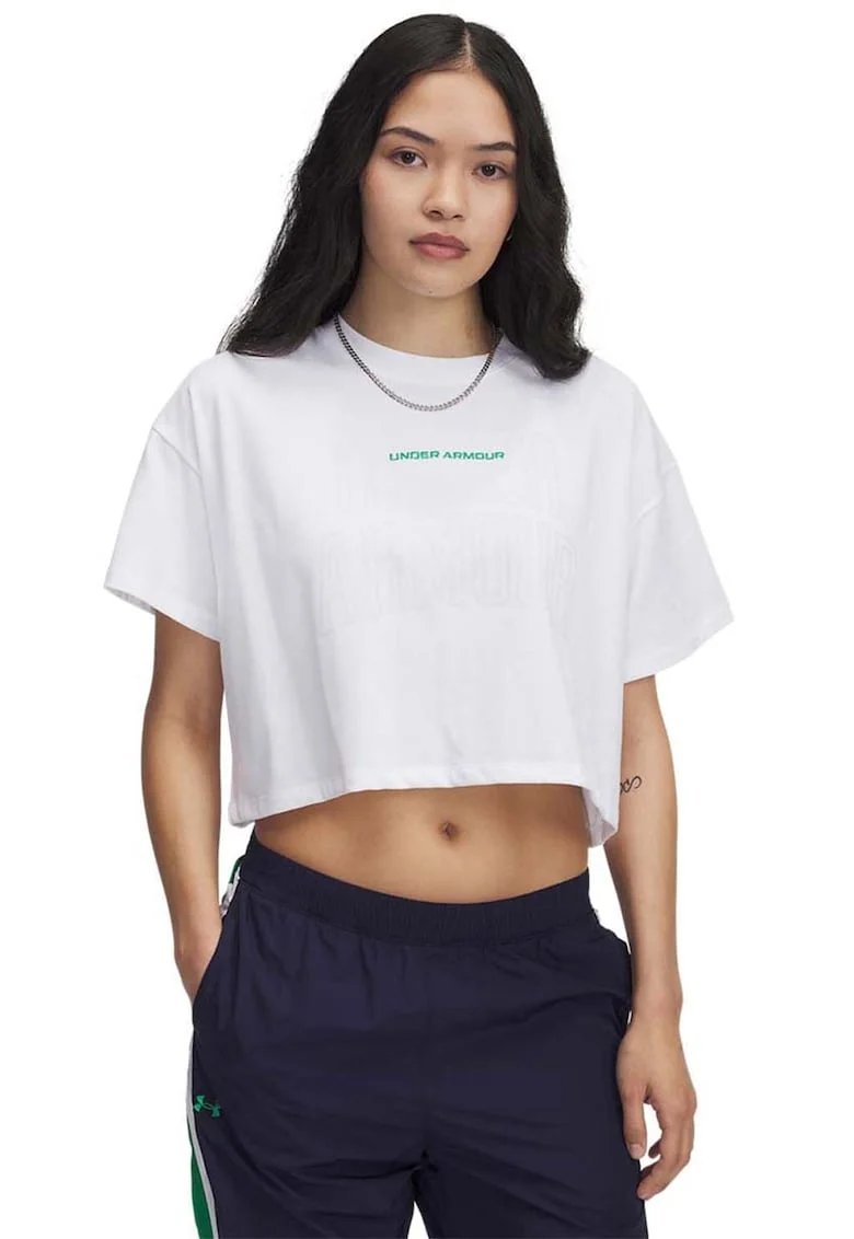 Tricou crop din amestec de bumbac cu logo pentru fitness, Alb