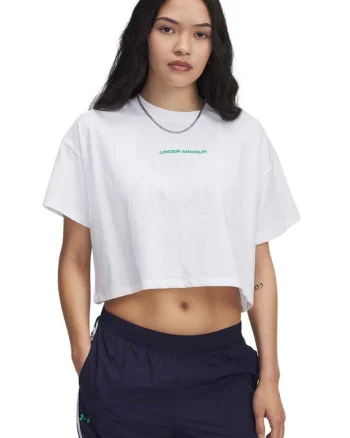 Tricou crop din amestec de bumbac cu logo pentru fitness, Alb