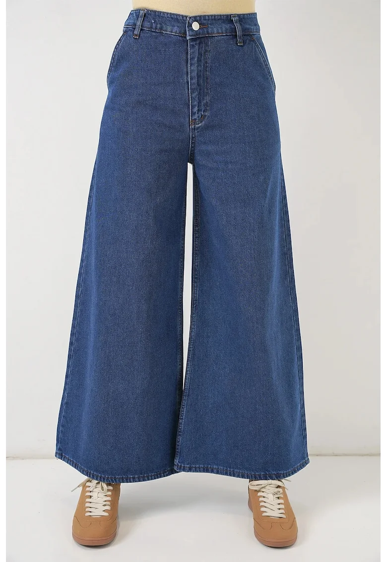 Blugi dama,  talie inalta, picior larg, albastru, denim