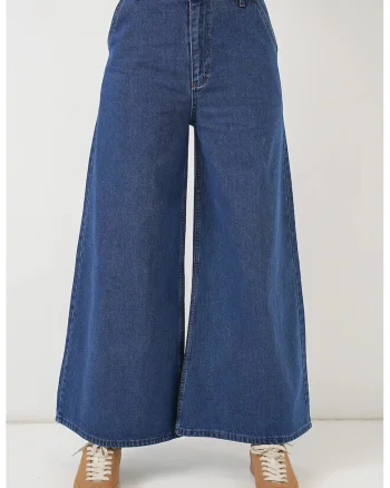 Blugi dama,  talie inalta, picior larg, albastru, denim