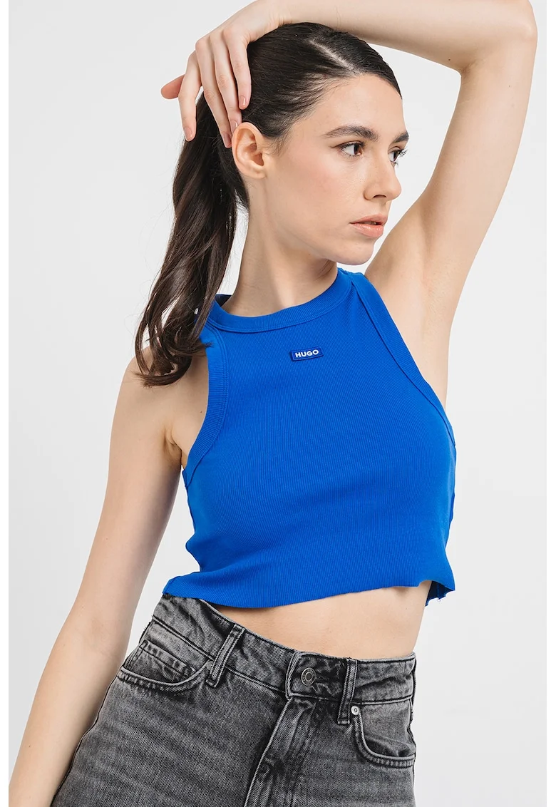 Top crop striat cu detaliu logo, Albastru royal