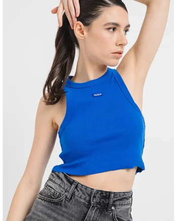 Top crop striat cu detaliu logo, Albastru royal
