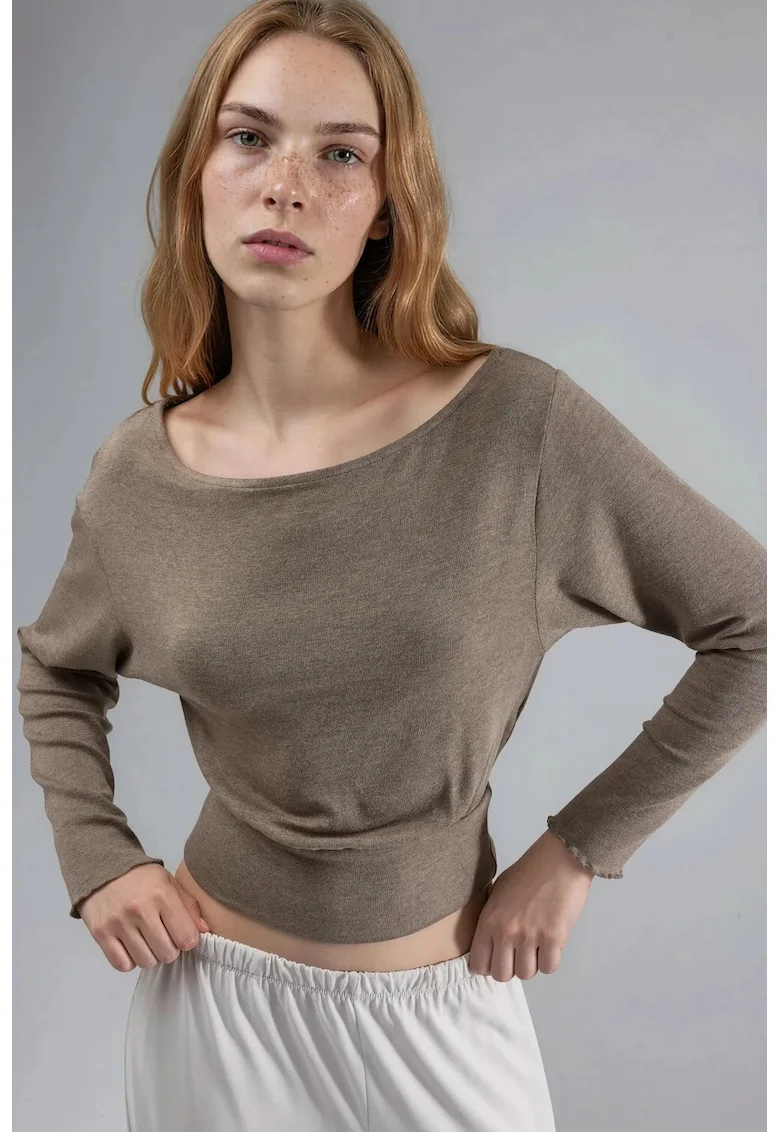 Bluza dama,  bluza elastica cu maneca lunga, decolteu barca, maro, jerseu