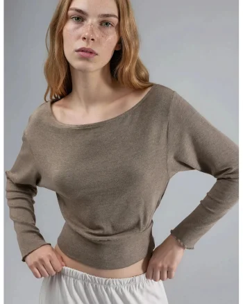 Bluza dama,  bluza elastica cu maneca lunga, decolteu barca, maro, jerseu