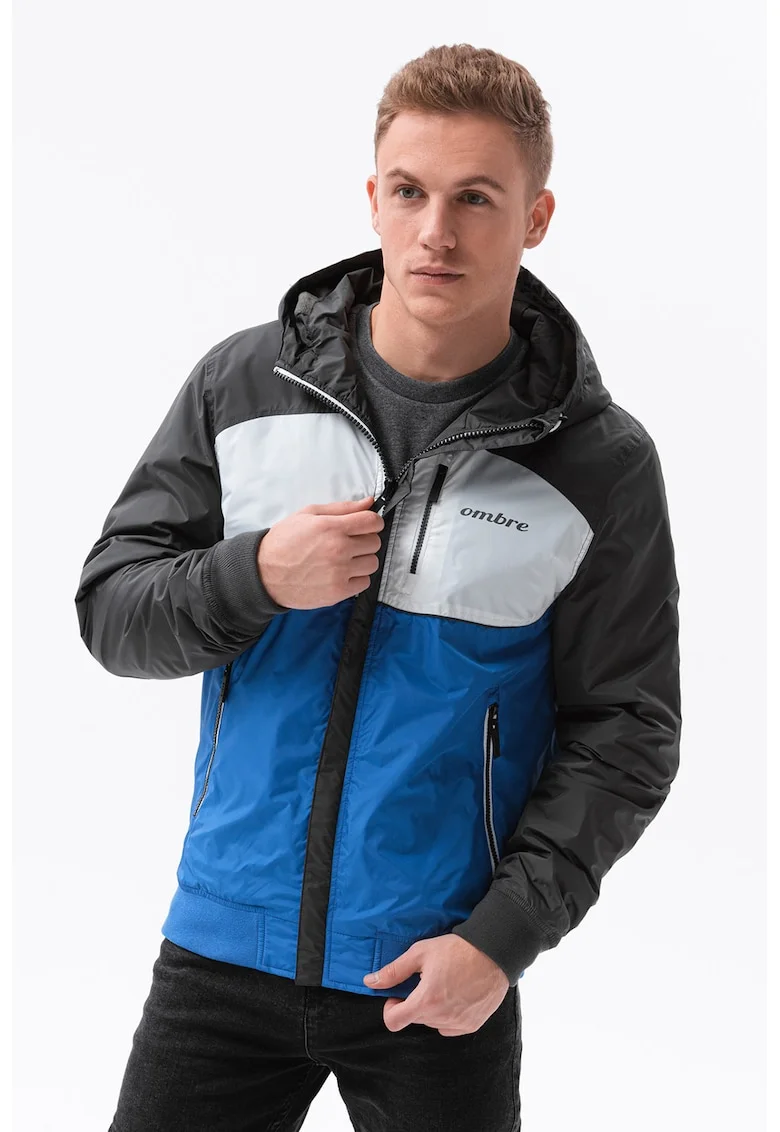 Geaca cu fermoar si model colorblock, Albastru/Gri inchis