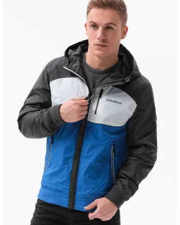 Geaca cu fermoar si model colorblock, Albastru/Gri inchis