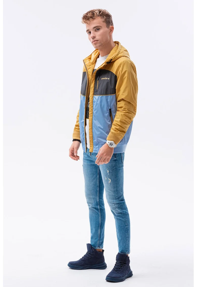 Geaca cu fermoar si model colorblock, Albastru/Galben inchis