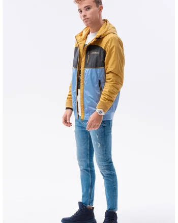Geaca cu fermoar si model colorblock, Albastru/Galben inchis