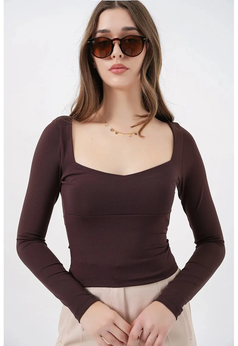 Bluza dama,  slim fit, maro, jerseu
