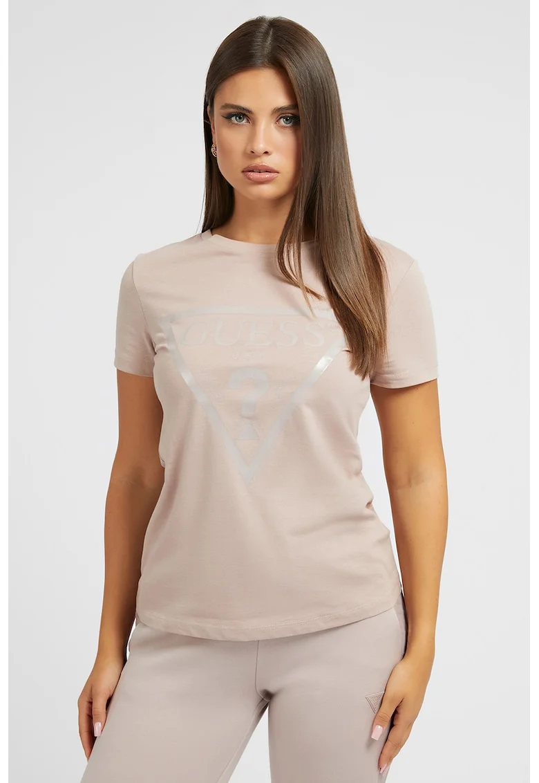 Tricou de bumbac cu imprimeu logo, Gri deschis/Piersica