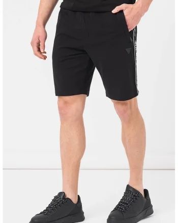 Pantaloni scurti cu benzi logo laterale pentru fitness, Negru