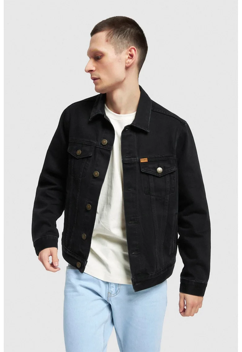 Jacheta unisex de denim cu buzunare pe piept, Negru