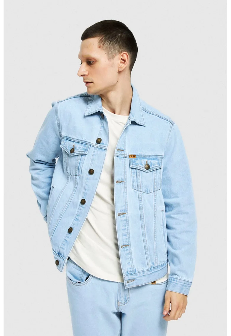 Jacheta unisex de denim cu buzunare pe piept, Albastru deschis