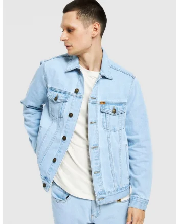 Jacheta unisex de denim cu buzunare pe piept, Albastru deschis