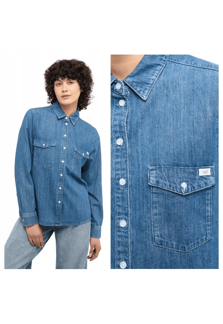 Camasa Dama,  Style Sedana Basic Shirt, Regular Fit, Design Clasic, Maneci Lungi, Cu Guler, Cu Nasturi, Bumbac, Albastru, Albastru