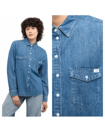 Camasa Dama,  Style Sedana Basic Shirt, Regular Fit, Design Clasic, Maneci Lungi, Cu Guler, Cu Nasturi, Bumbac, Albastru, Albastru
