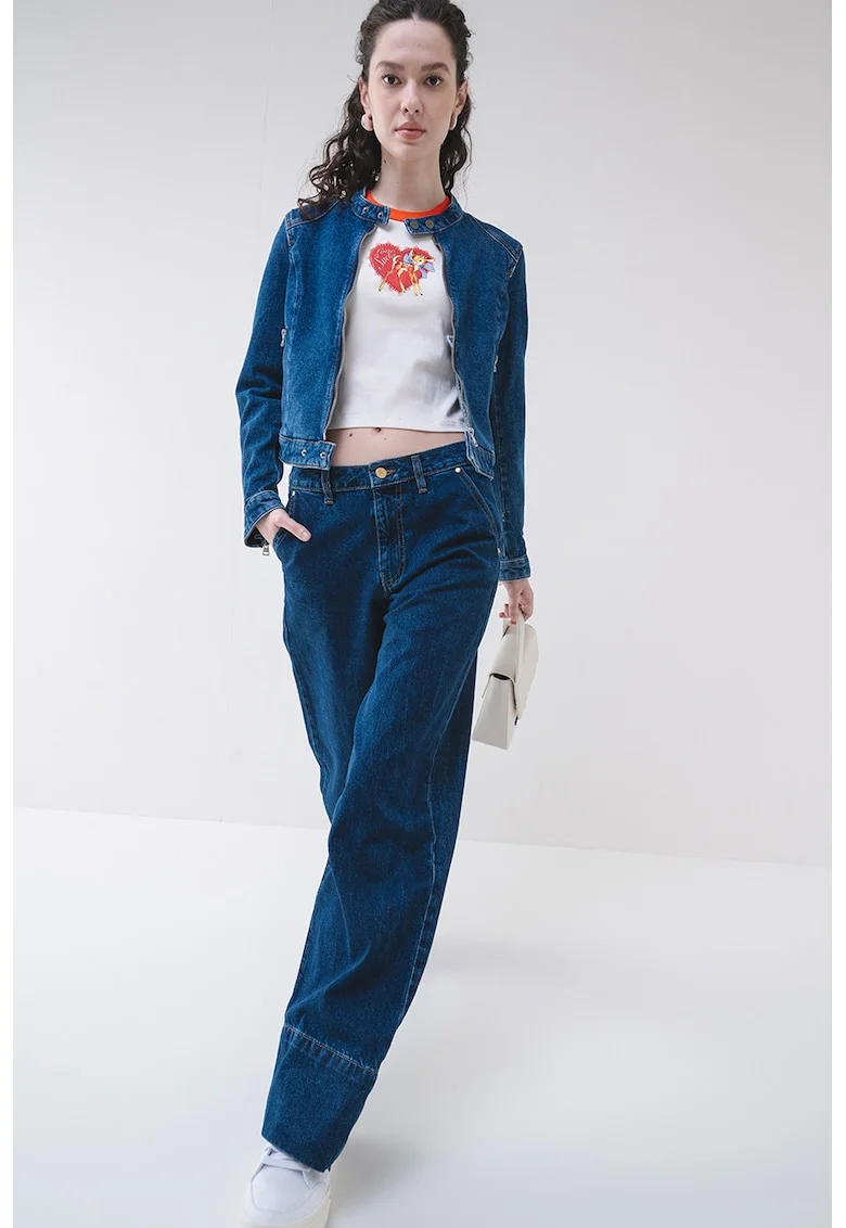 Jacheta crop de denim cambrata, Albastru inchis