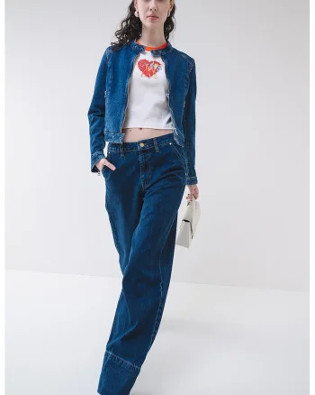 Jacheta crop de denim cambrata, Albastru inchis