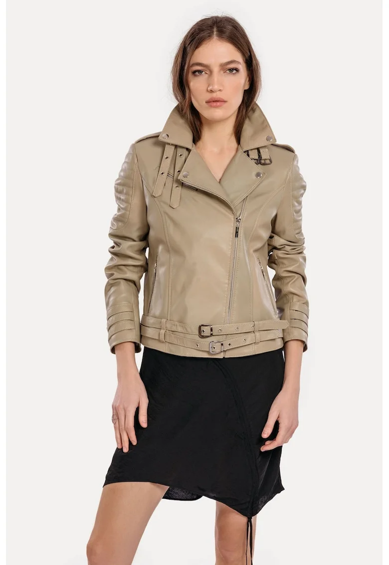 Geaca din piele naturala pentru femei, model Neo Biker, Crem