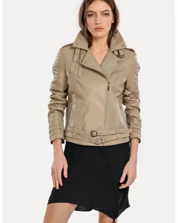 Geaca din piele naturala pentru femei, model Neo Biker, Crem