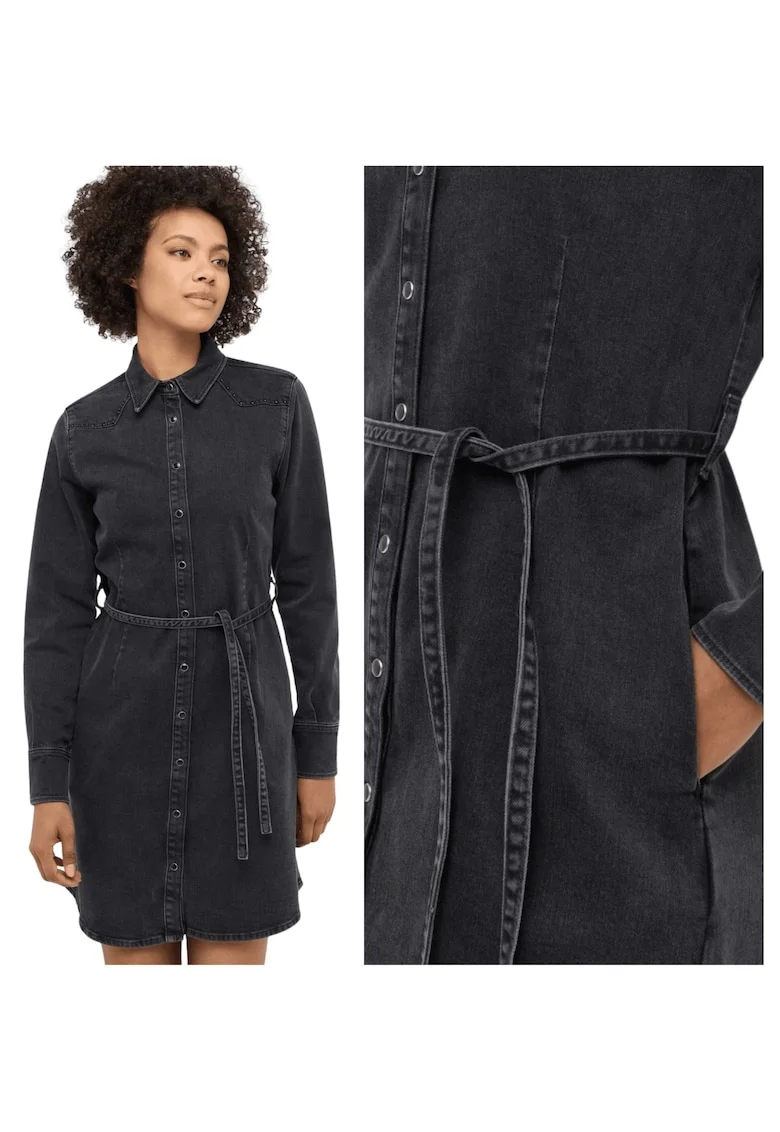 Rochie Dama,  Ravenna, Regular Fit, Cu Guler, Maneci Lungi, Denim Accent, Nasturi, Bumbac, 38 UE, Negru