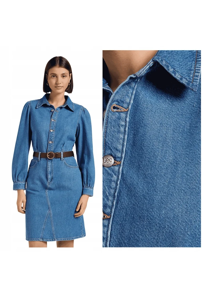 Rochie Dama,  Long Sleeve Dress, Regular Fit, Cu Guler, Maneci Lungi, Denim Accent, Nasturi, Bumbac, Albastru, Albastru