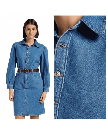 Rochie Dama,  Long Sleeve Dress, Regular Fit, Cu Guler, Maneci Lungi, Denim Accent, Nasturi, Bumbac, Albastru, Albastru