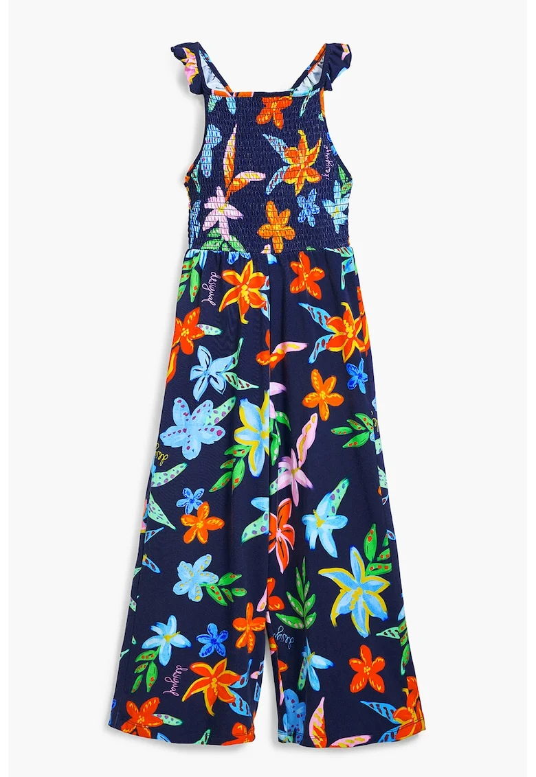 salopeta lunga cu model floral, Portocaliu/Albastru