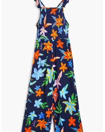 salopeta lunga cu model floral, Portocaliu/Albastru