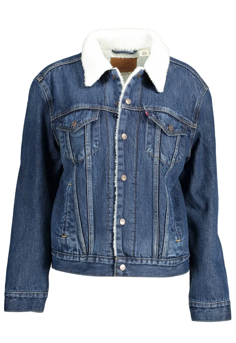 Jacheta  trucker de denim cu blana sherpa si buzunare pe piept, Albastru/Alb,