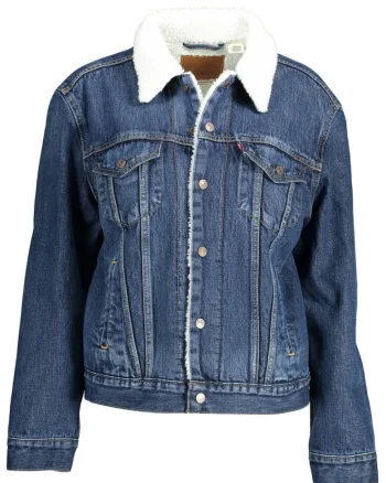 Jacheta  trucker de denim cu blana sherpa si buzunare pe piept, Albastru/Alb,