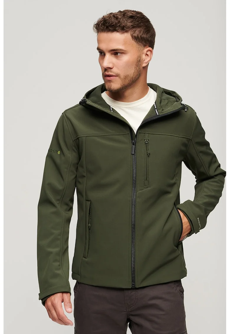 Jacheta relaxed fit cu gluga si detaliu logo Softshell, Kaki