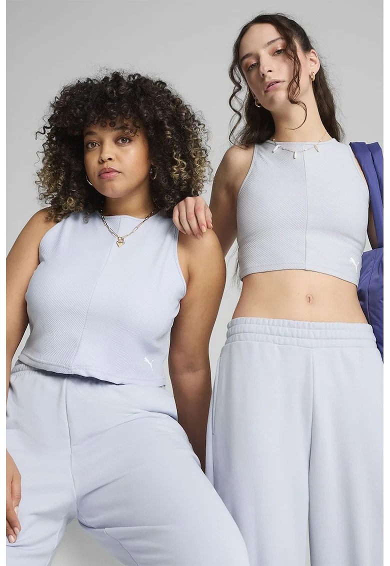Top crop din amestec de bumbac cu aspect striat, Albastru pal