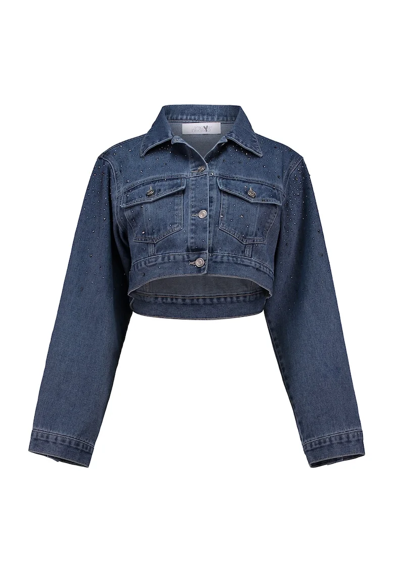 Jacheta crop din denim cu aplicatii din strasuri, Albastru inchis