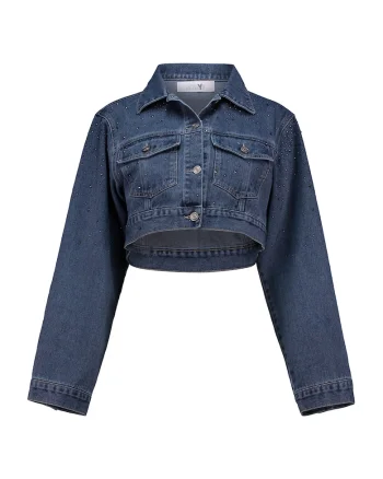 Jacheta crop din denim cu aplicatii din strasuri, Albastru inchis