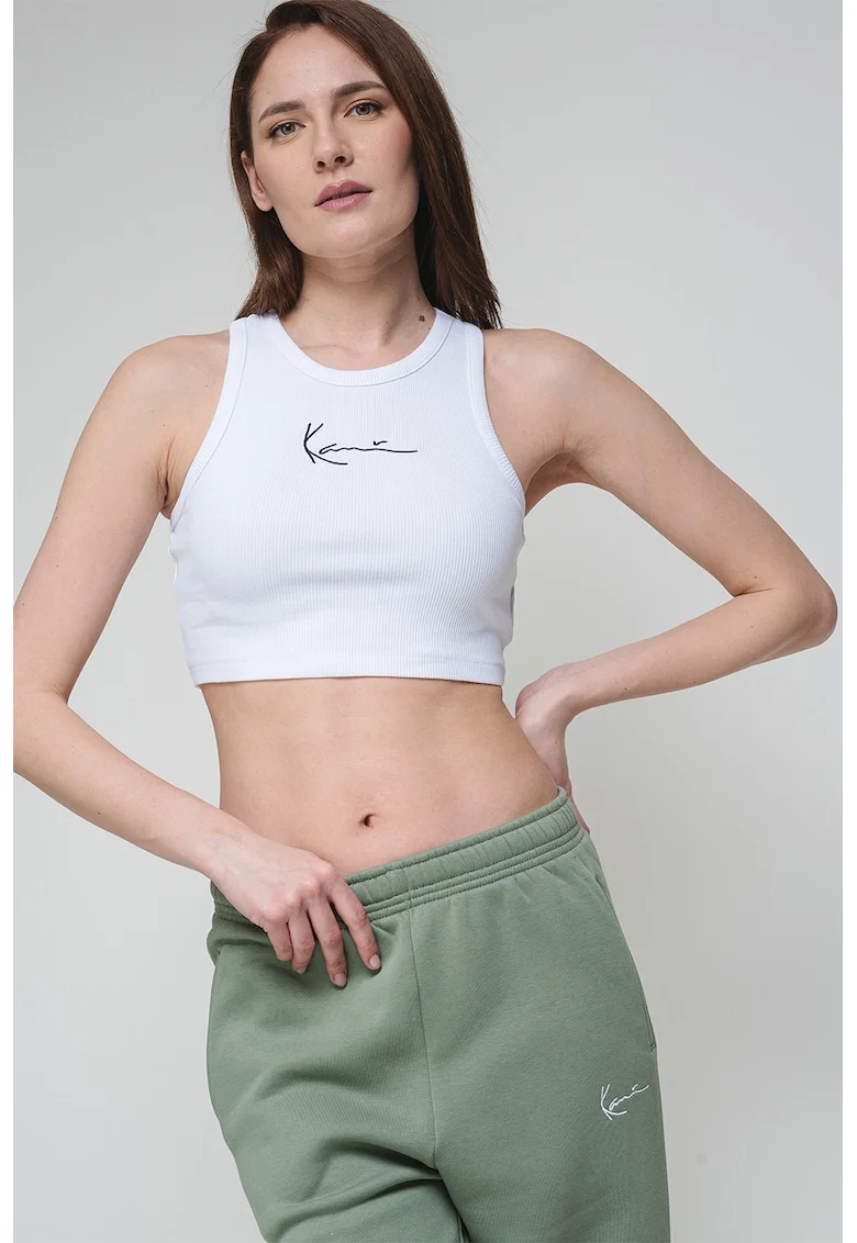 Top crop striat cu logo, Negru stins/Alb optic