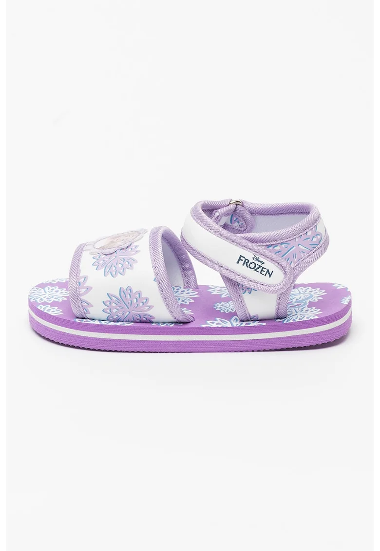 Sandale cu velcro si imprimeu Frozen, Alb/Lila
