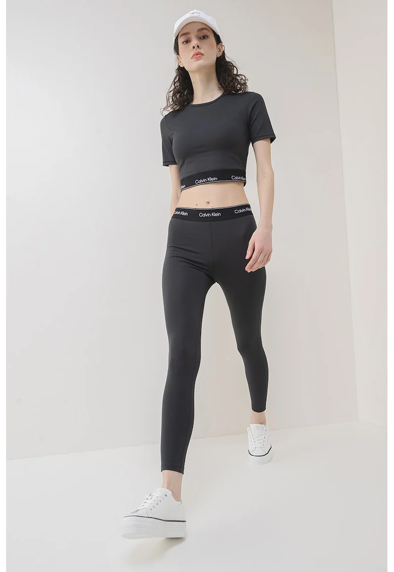 Tricou crop cu logo, pentru fitness, Gri antracit