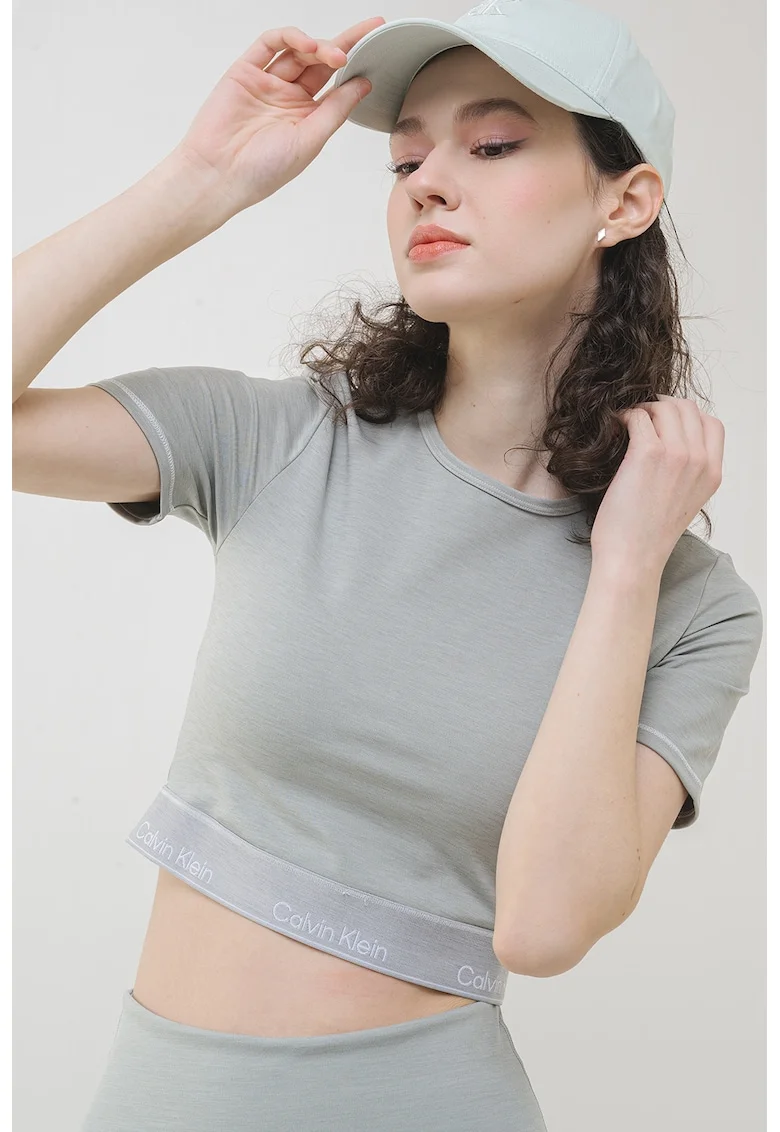 Tricou crop cu logo, pentru fitness, Gri melange