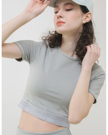 Tricou crop cu logo, pentru fitness, Gri melange