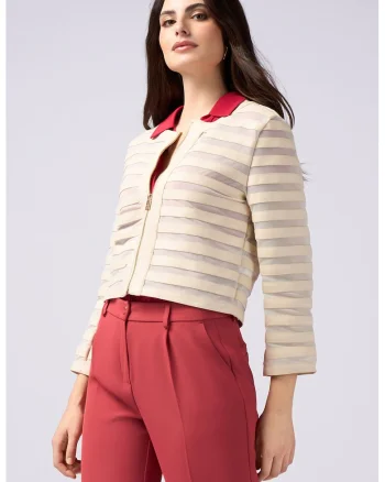 Jacheta cu model in dungi si fermoar, Bej deschis
