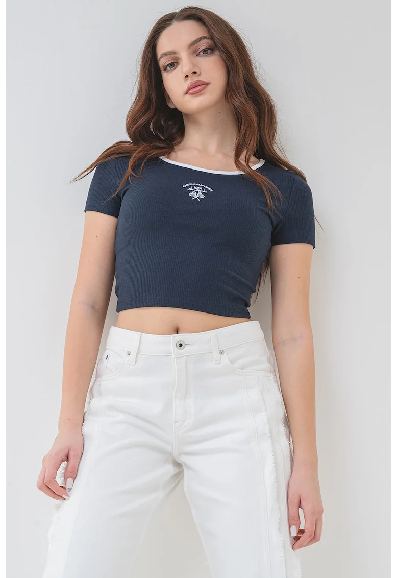 Tricou crop din amestec de bumbac cu decolteu rotund, Bleumarin