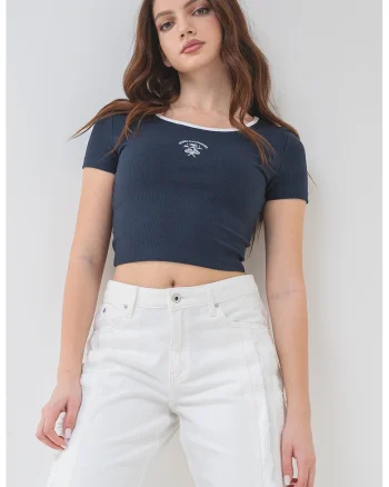 Tricou crop din amestec de bumbac cu decolteu rotund, Bleumarin