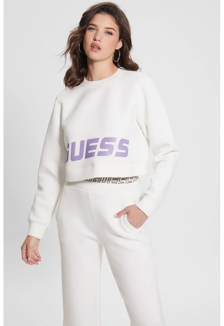 Bluza crop cu imprimeu logo pentru fitness, Alb/Lila