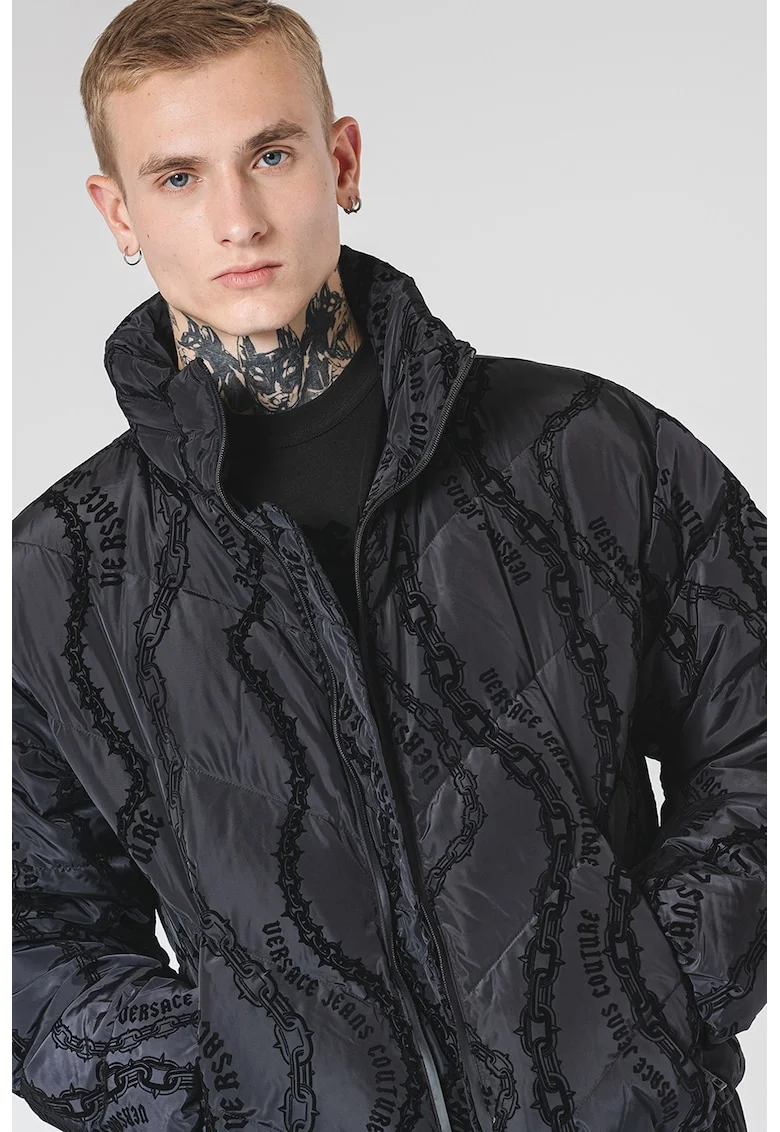 Geaca cu model logo si guler inalt, Negru stins