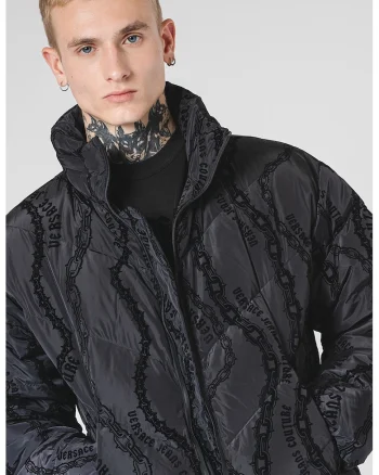 Geaca cu model logo si guler inalt, Negru stins