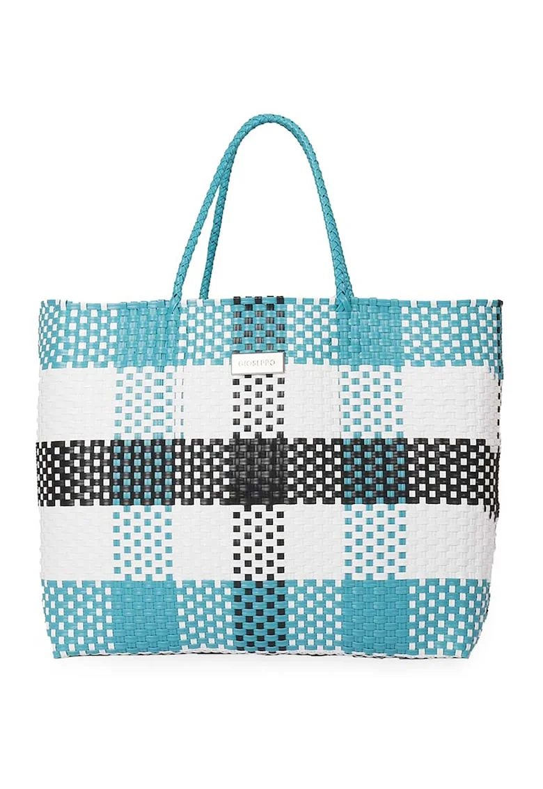 Geanta shopper in carouri cu aspect impletit Pococi, Alb/Verde/Negru
